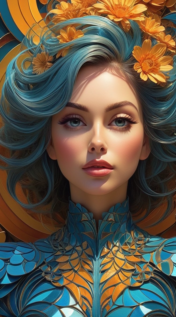 This image depicts a beautiful woman in an abstract 3D fractal style. The woman appears realistic,  with intricate details...