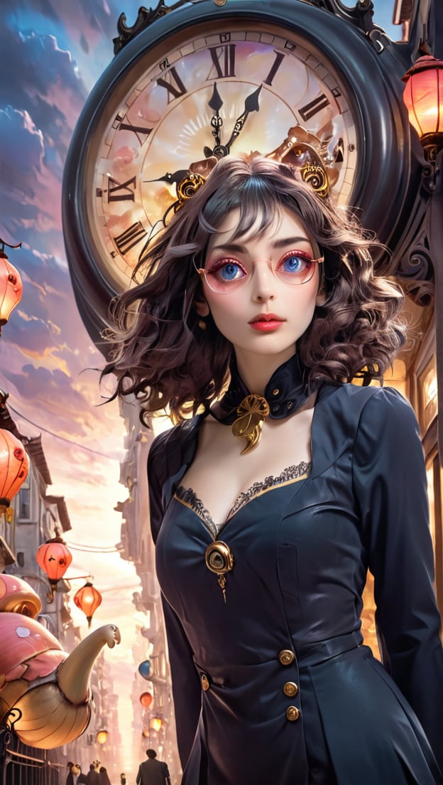 A surrealistic anime landscape unfolds: Salvador Dali's iconic melting clocks and distorted objects blend with vibrant anime colors and stylized characters. In a dreamlike setting, a (((bespectacled anime girl))) with a wispy mustache and curly hair peers out from behind a warped clock face, surrounded by swirling clouds of golden smoke. The cityscape in the background features buildings shaped like snails and mushrooms, while a giant, -pink cat watches over the scene, its eyes glowing like lanterns.
