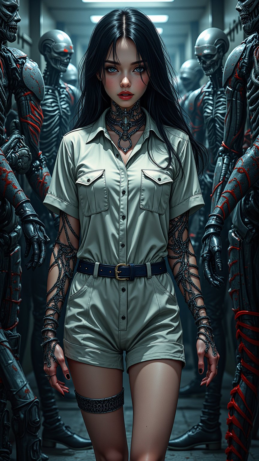A highly detailed 8K comic illustration drawing inspiration from H.R. Giger. Snow White stands in her prison uniform,  rei...