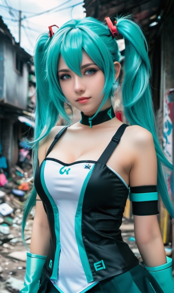 award winning professional outdoor cosplay photography,  model italian girl is wearing an authentic cosplay of Hatsune Mik...