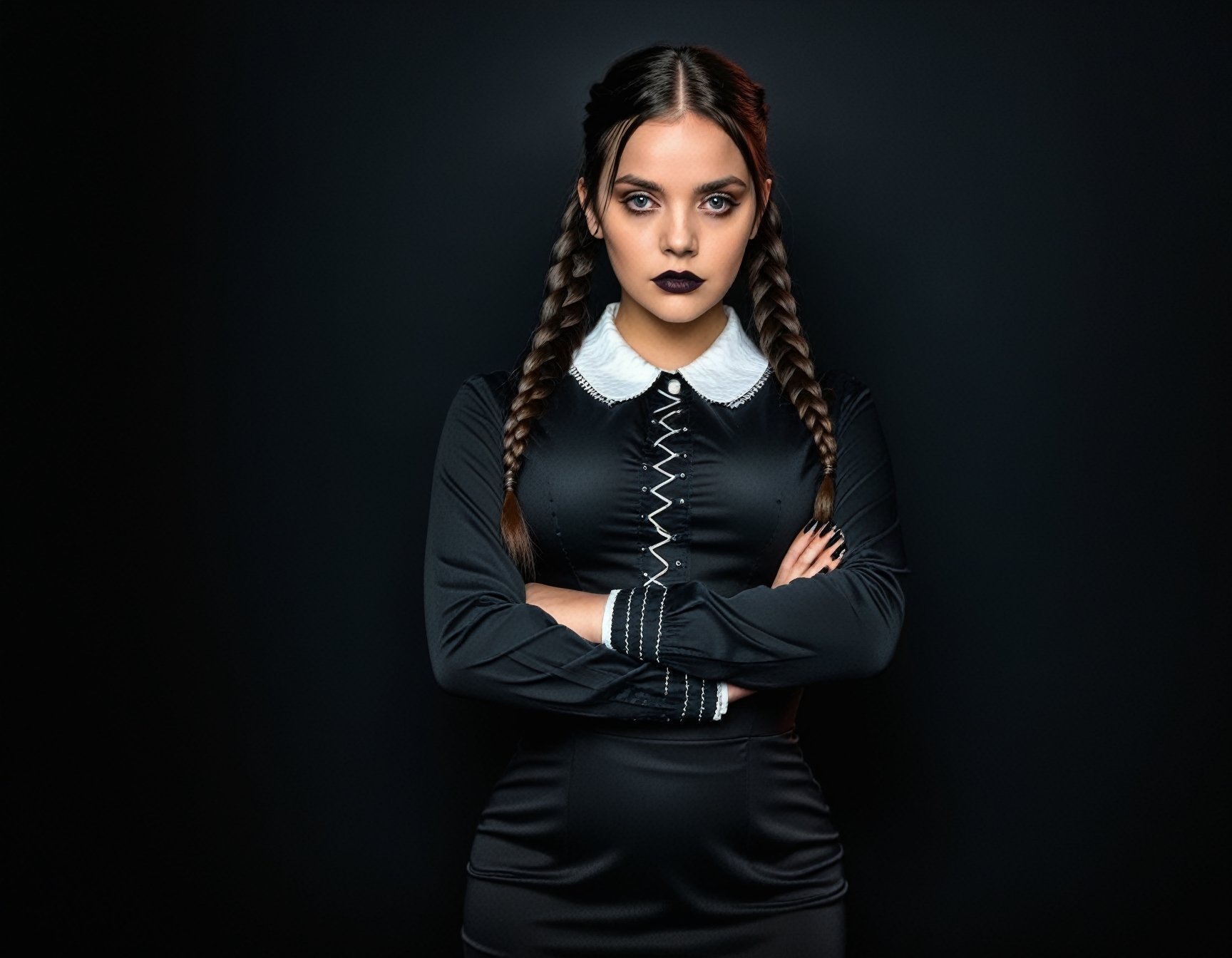 1girl, solo, black lips, black hair, dress, black dress, black nails, black eyes, crossed arms, black background, braid, black theme, looking at viewer, simple background, long sleeves, twin braids, bangs, long hair, dark-skinned female, collared dress, cowboy shot, dark skin, nail polish, Wednesday addams \(character \), character \(theme\)