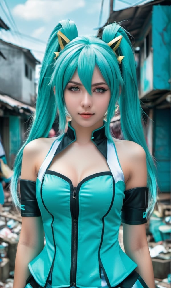 award winning professional outdoor cosplay photography,  model italian woman is wearing an authentic cosplay of Hatsune Mi...