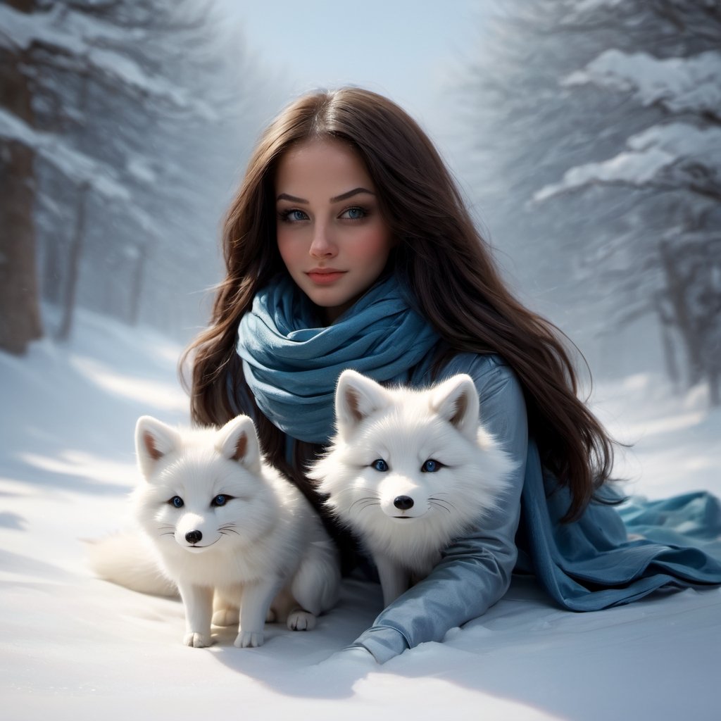 style-nebmagic, portrait of İsmail İnceoğlu, Gazelli, James Jean, Anton Fadeev and Yoshitaka Amano, fluffy cute arctic fox in a Style-SylvaMagic scarf in the snow, Very detailed, 8K resolution, Digital Art, Trending on ArtStation, bright colours, Chibi style, Masterpiece, Charming, Friendly, pretty;