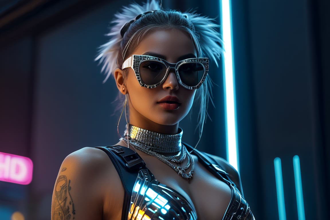 Beautiful cyber punk girl, jewelry, glasses, 8k, insane Details, Micro details, ultra HD, shiny, silver Shiny, woman body with insane details, Micro details, Bright Dynamic light, posing, ultra hd, realistic, vivid colors, highly detailed, UHD drawing, pen and ink, perfect composition, beautiful detailed intricate insanely detailed octane render trending on artstation, 8k artistic photography, photorealistic concept art, soft natural volumetric cinematic perfect light,background strest neon ,city