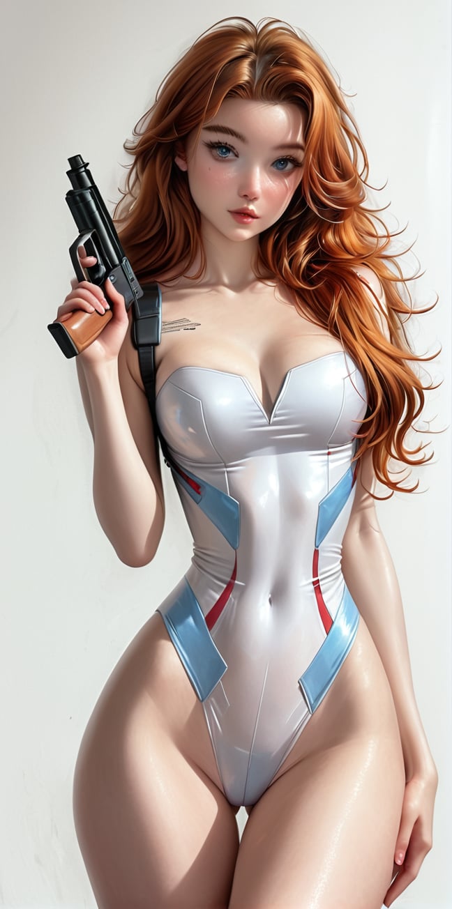 ((Masterpiece, highest quality; 1.3)), super quality, beautiful detail, super detailed, extra fine, 16K, exquisite, absurd, high resolution, beautiful background, detailed background, beautiful eyes, beautiful skin, anime style, Kay from Dirty Pair in a white outfit, tight outfit, cleavage, bushy redhead beauty, very light blue uniform, wearing tight clothes, skimpy, (mid chest: 1.2), cleavage, cleavage, slim waist , thin waist, slim thighs, thin legs, slim legs. thigh gap, showing stomach, skinny, thin hips, cyberpunk city background, holding retro space gun , headband, 