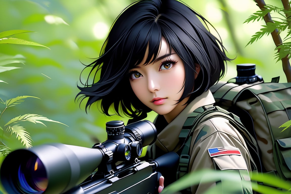 (masterpiece),(Highest quality),(High resolution),(Very detailed),One Woman,Japanese,Black Hair,Short Bob,Beautiful Eyes,Long eyelashes,Beautiful Hair,Beautiful Skin,whole body,BREAK(((aim at something with a sniper rifle))),((Close one eye and look through the scope))(Lying down),((Sniper Rifle)),Army Camouflage Uniform,Bulletproof vest, Combat Boots, Tactical Forster,Tactical Headset,(The background is a dense forest),(((Background Blur)))