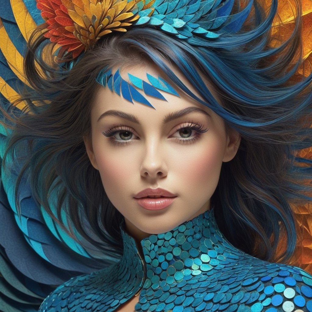 This image depicts a beautiful woman in an abstract 3D fractal style. The woman appears realistic,  with intricate details...