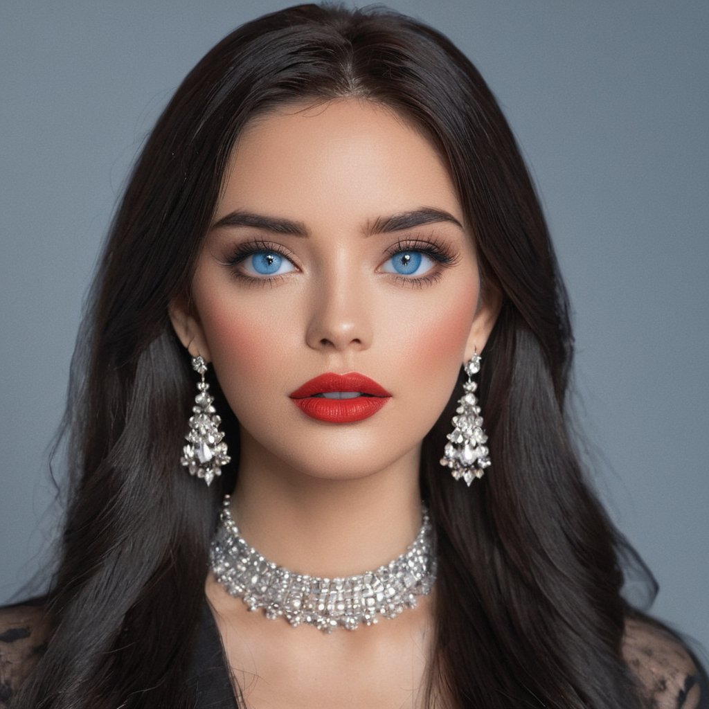 8k, solo, 1girl, solo, black hair, makeup, earrings, mole under eye, blush, jewelry, long hair, lipstick, red lips, eyeshadow, looking at viewer, colored skin, portrait, realistic, blue eyes,















