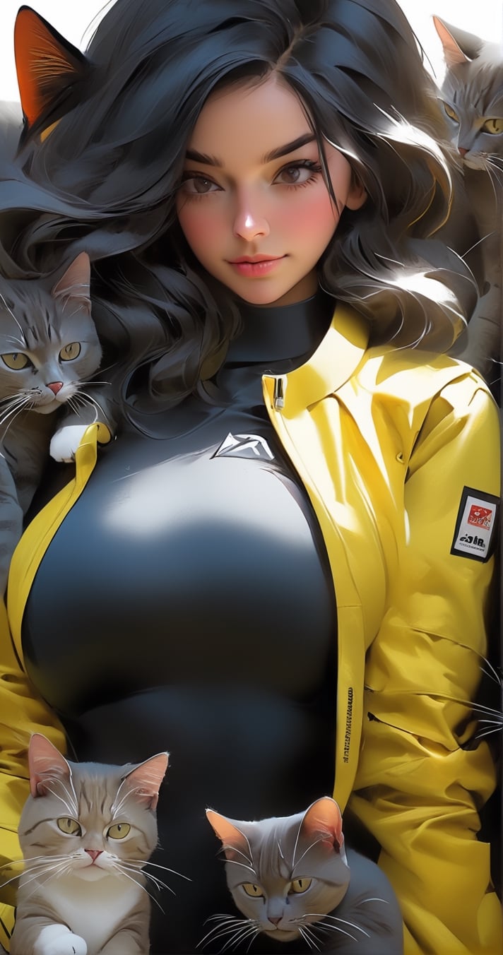 a close up of a person wearing a construction helmet yellow jacket and a cat,  and artgerm,  artgerm and atey ghailan by B...