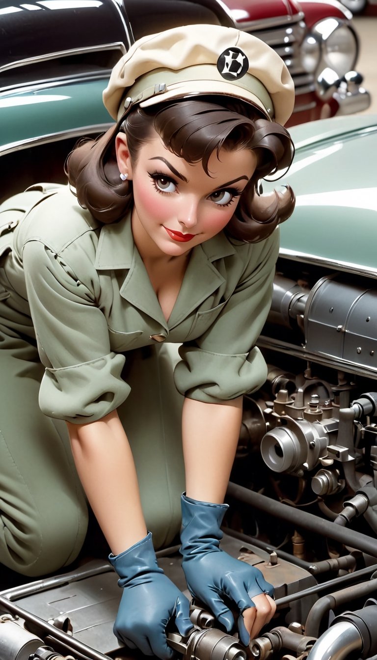 1950s mechanic working model woman in a garage: Wearing coveralls and a mechanic's cap,  repairing an old classic car. (Ca...