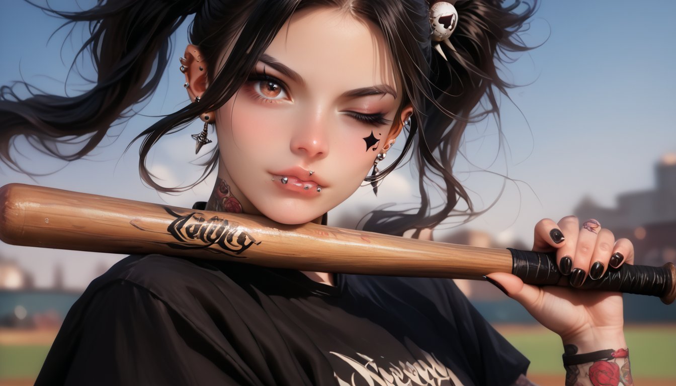 score_9, score_8_up, score_7_up, score_6_up  1girl, (((solo, black hair, hair ornament, twintails, brown eyes, jewelry, one eye closed, lips, tattoo, piercing, ear piercing, spikes, realistic, facial tattoo, holding baseball bat, gothic, nail, lip piercing nijistyle))))
