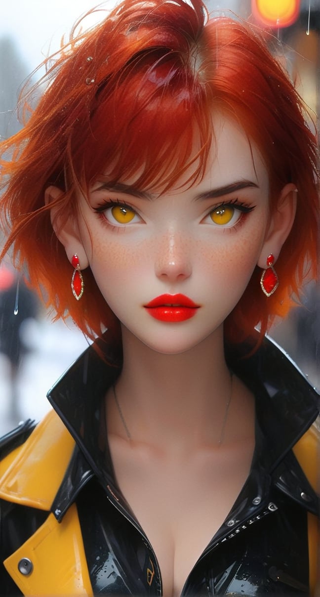 1girl, solo, (((looking at viewer, short hair, bangs, jewelry, closed mouth, jacket, yellow eyes, upper body, red hair, earrings, outdoors, mole, blurry, lips, makeup, depth of field, blurry background, piercing, freckles, rain, realistic, red lips,  street)))