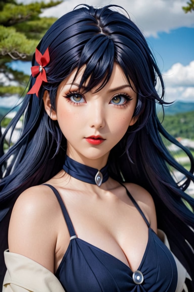 a close up of a person with long hair, hyuga hinata, hyuga hinata from naruto shippuden, from naruto shippuden, as an anime character, perfect anime face, she has dark blue hair with bangs, female anime character, anime character, anime best girl, hime cut hairstyle, dark blue hair, (red glossy lips:1.3), white eyes, byakugan eyes, smile, city background, (beautiful face:1.3)