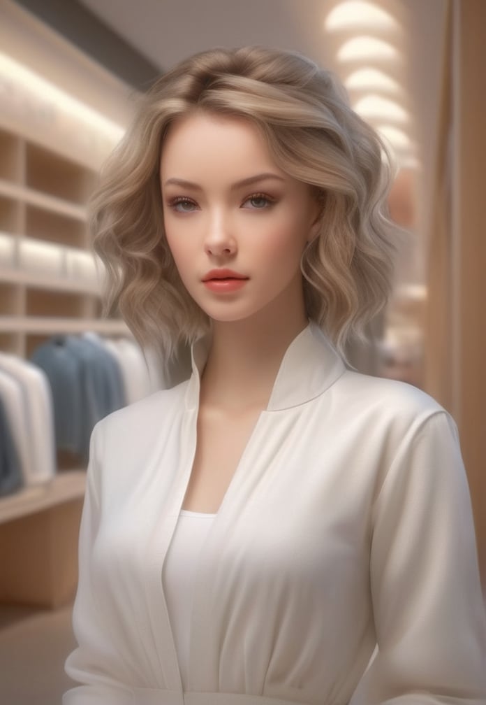 a (selfie) of a pretty russian 1girl, Skin luster, Rembrandt lighting, wearing counseling psychologist outfits, (infrared hair, retriever hair), Various postures, embarrassed, small breasts, in the (clothing store), her peaceful expression and gentle breathing create a calming atmosphere, natural skin texture, hyperrealism, hdr, hyperdetailed, RAW photo, photorealistic, best quality, highres, realistic, 8k, caustics, dynamic light, beautiful and delicate lips, delicate fingers, detailed pupil, real human skin