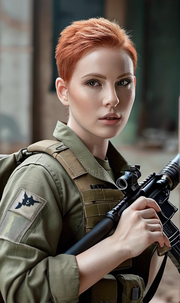 （raw、​masterpiece、ultra fine photos、top-quality, A high resolution、Photorealsitic、FULL BODYSHOT）、Beautiful Female  american Soldier、delicated face、Cropped Short red hair, big breast, Camouflage Cap、Combat equipment、Long-sleeved forest camouflage military uniform、Combat gloves、Holding the M4A1 rifle with both hands、Carrying a backpack、Military undershirt、Detailed and complex busy background、High Detail Skin、realistic skin detail, fair white skin、A room in an abandoned building、White smoke、Detailed face and chest depiction、Detailed hand depiction、Detailed foot depiction、combat pose、Dynamic action、watching at viewers
