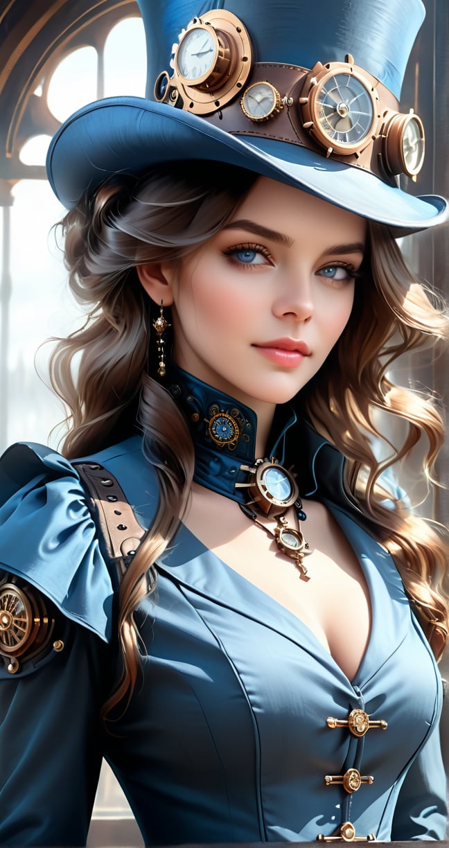 A photorealistic close up of a beautiful woman with downcast eyes wearing a steampunk style blue hat and dress, beautiful character painting,  stunning character art, digital art of an elegant, elegant digital painting, steampunk digital photo