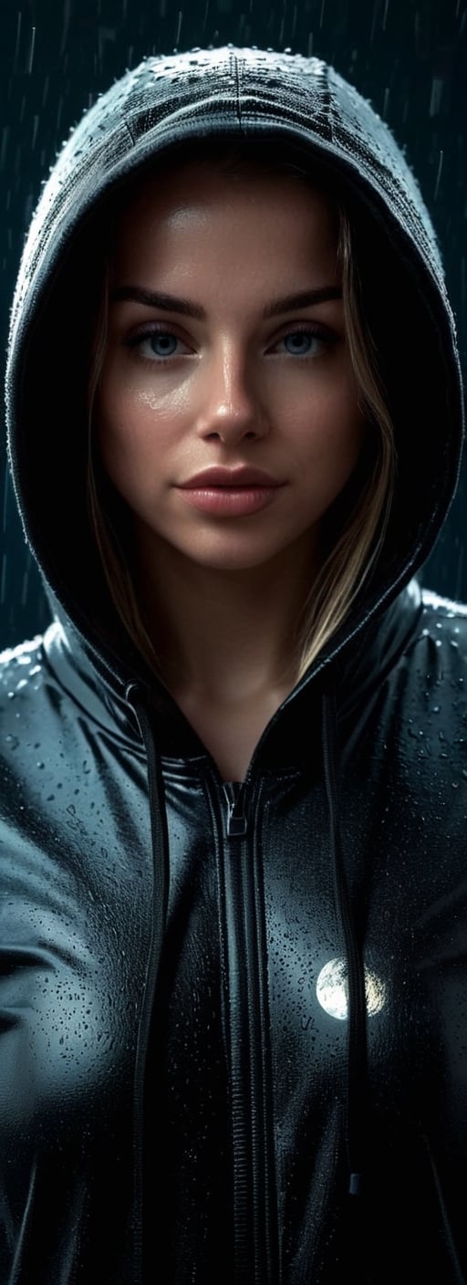 A girl in a hoodie on a rainy night, rim light from moon light, ominous weather and atmosphere, captivating, minimalistic, close up portrait, hoodie casts a shadow over face, mysterious, dark background, sophistication, silhouette, expressive, dynamic pose, ambiance, intrigue and suspense, illustration, digital art, hyperrealism