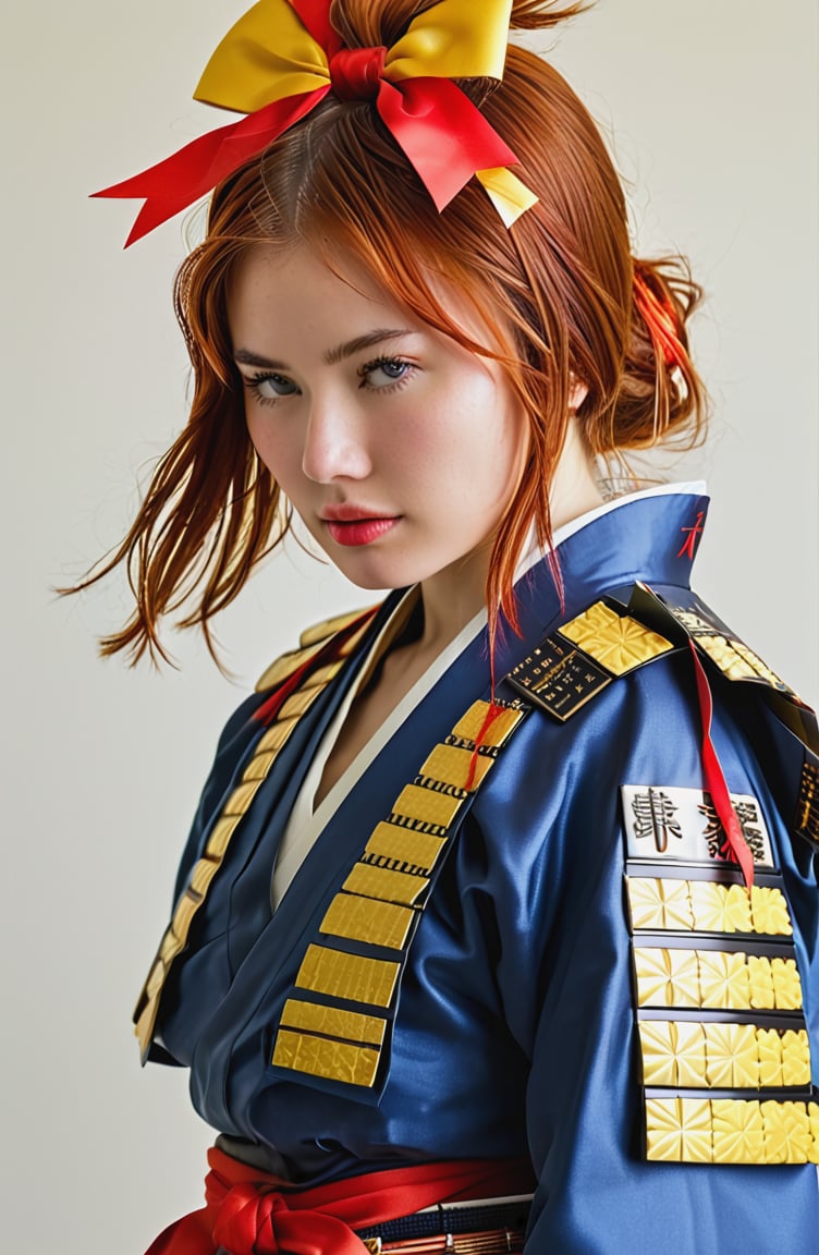 1girl,dressed in samurai-style armor, She wears traditional Japanese armor reminiscent of a samurai,Blue coat, yellow hakama ,The design blends elegance with strength, portraying her as a warrior princess,(Large red head ribbon), Adorning her head is with a faintly red ribbon tied, shining brightly, warrior samurai, score_9