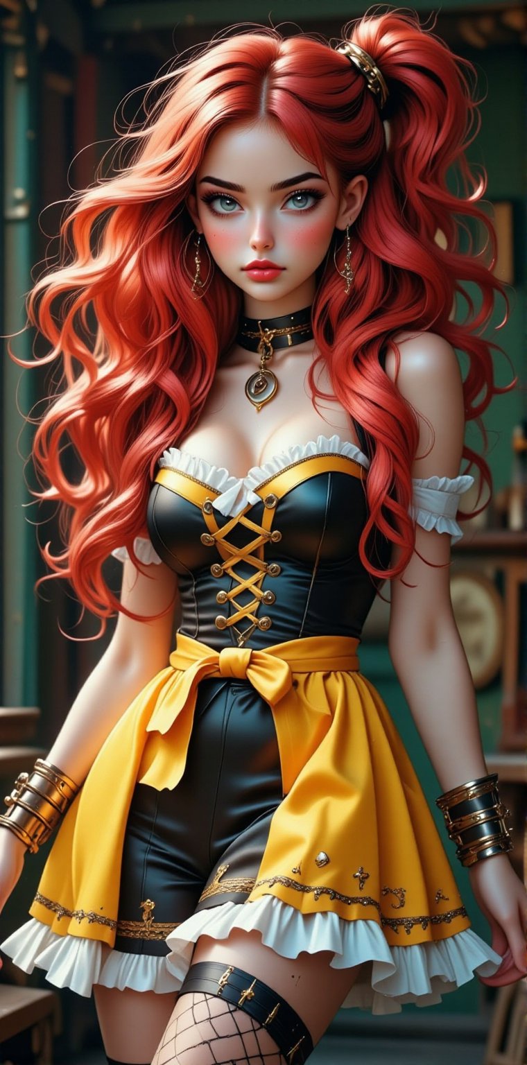 Combine with attached image a of a Modern Goth style, full body (attractive 25-year-old) feminine petite woman), (long red hair), (freckles over the nose and cheeks), fishnet stockings (alluring soft feminine facial features), frilly and fluffy yellow and white pinafore and multi-layer petticoat dress, and black thick leather collar).