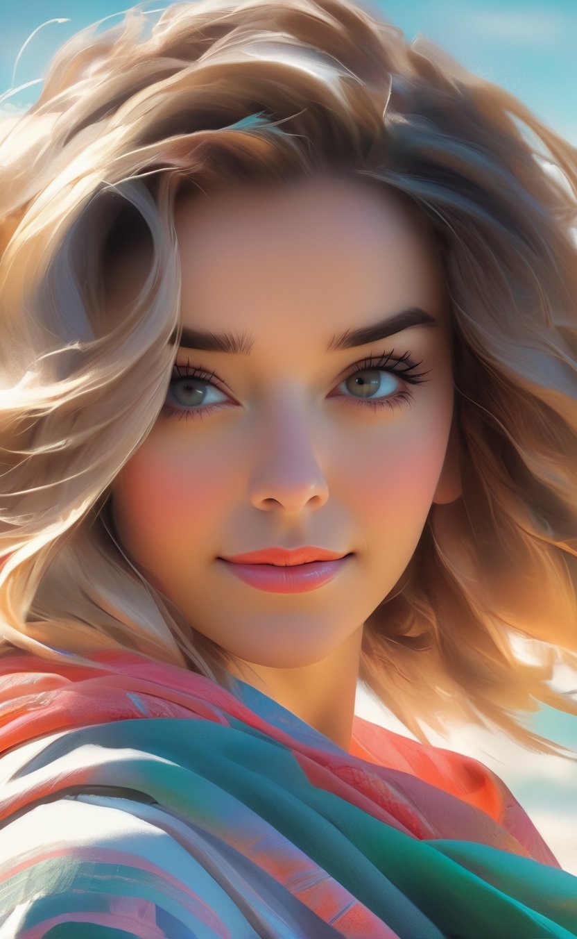 a close up of a woman wearing a colorful shawl on a beach,  beautiful digital artwork,  beautiful digital illustration by...