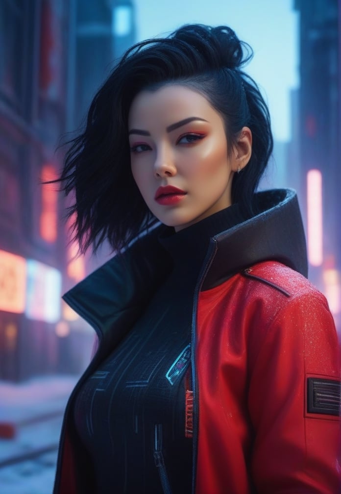 (masterpiece, high quality, realistic), cyberpunk woman, (black hair), wearing (black-red jacket), (nostalgic expression), (snowy cyberpunk city setting), (vivid neon lights), (detailed lighting contrast), (screens in background lighting), great attention to detail, (up close shot), (octane rendering), 8K resolution.