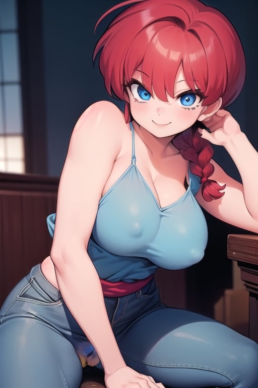 Ranma 
all naked girl blue eyes red hair smile big breasts with her legs open touching her vagina with  one a braid with pubic hair