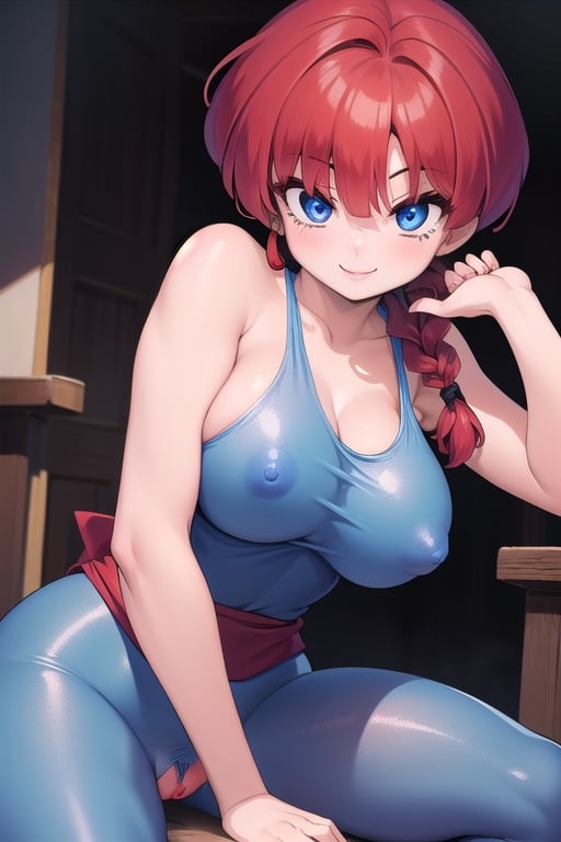 Ranma 
all nude girl blue eyes red hair smile big breasts with her legs open touching her vagina with  one a braid 