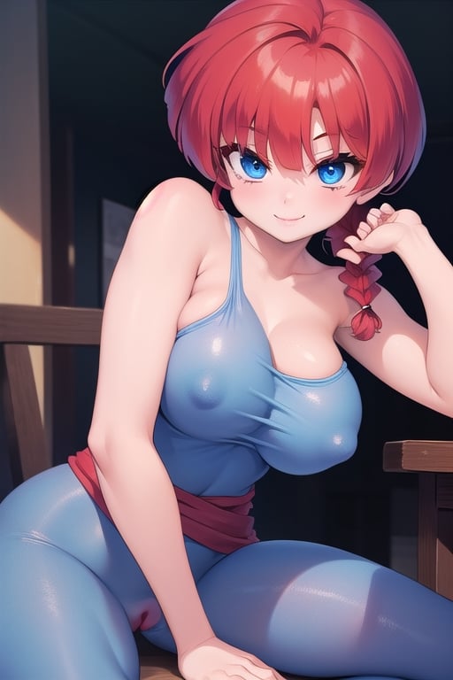 Ranma 
all naked girl blue eyes red hair smile big breasts with her legs open touching her vagina with  one a braid 