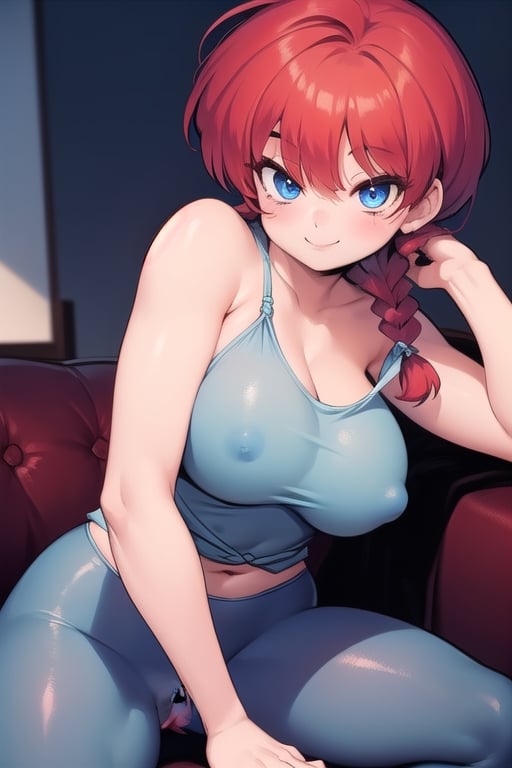 Ranma 
all naked girl blue eyes red hair smile big breasts with her legs open touching her vagina with  one a braid with pubic hair