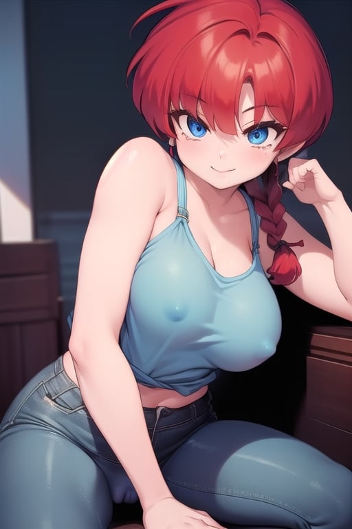 Ranma 
all naked girl blue eyes red hair smile big breasts with her legs open touching her vagina with  one a braid 