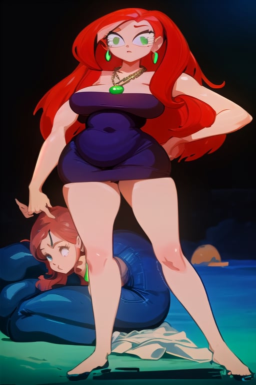 red-haired woman long hair pulled back big eyes with long eyelashes green pendant earrings and necklace with a green pendant of green color large breasts waist girl with large hips shapely legs naked lying on the beach
