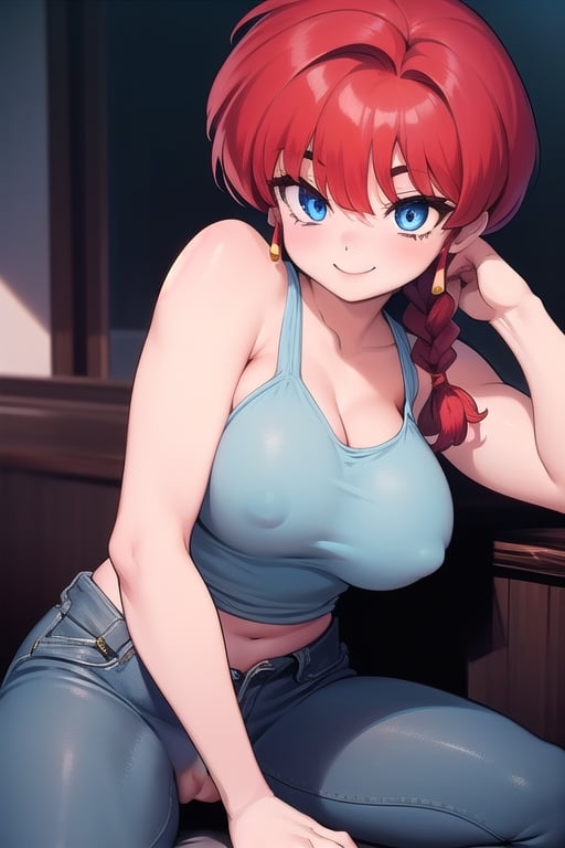 Ranma 
all naked girl blue eyes red hair smile big breasts with her legs open touching her vagina with  one a braid 