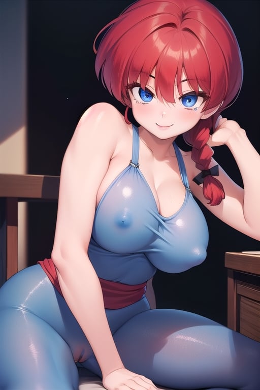 Ranma 
all naked girl blue eyes red hair smile big breasts with her legs open touching her vagina with  one a braid 