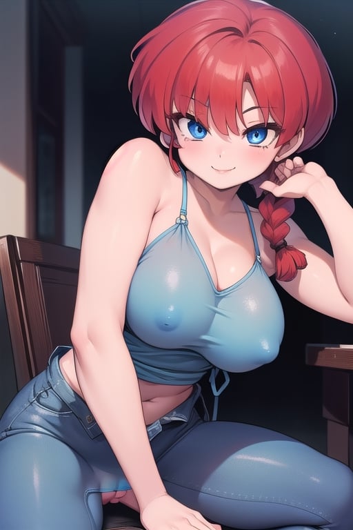 Ranma 
all naked girl blue eyes red hair smile big breasts with her legs open touching her vagina with  one a braid 