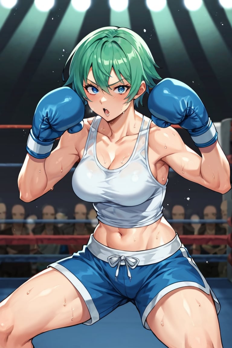 score_9, score_8_up, score_7_up, score_6_up, BREAK source_anime, 1girl, tank top, boxing girl, boxing ring, shorts, boxing gloves, green hair