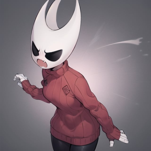 1girl, hornet, solo, mask, black eyes, red sweater, turtleneck, cowboy shot, (black skin:1.2), simple background twitch emote, cartoon, white clean background, (angry:1.2), twitch emoji,twitch emoji