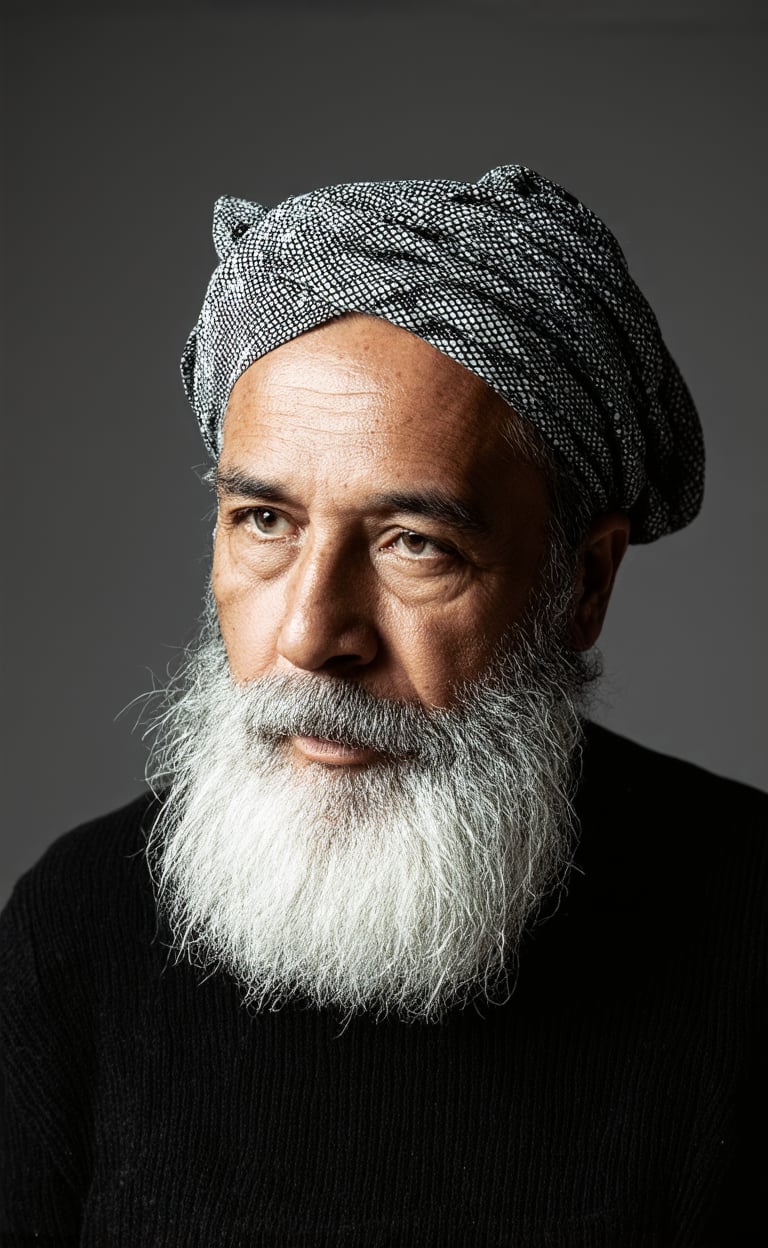 The image features an elderly man with a striking presence. He has a thick, white beard that cascades down his chin and neck, and his hair is also white, curling slightly at the ends. His eyes are deep-set and hold a rich, dark color, which contrasts with the lighter tones of his skin. He is wearing a black sweater with a subtle sheen, suggesting it might be made of a soft, warm material. Around his head, he dons a white and black patterned headscarf, which is tied in a loose knot at the back of his head. The background is a muted, dark shade, which helps to draw attention to the subject's face and upper body.