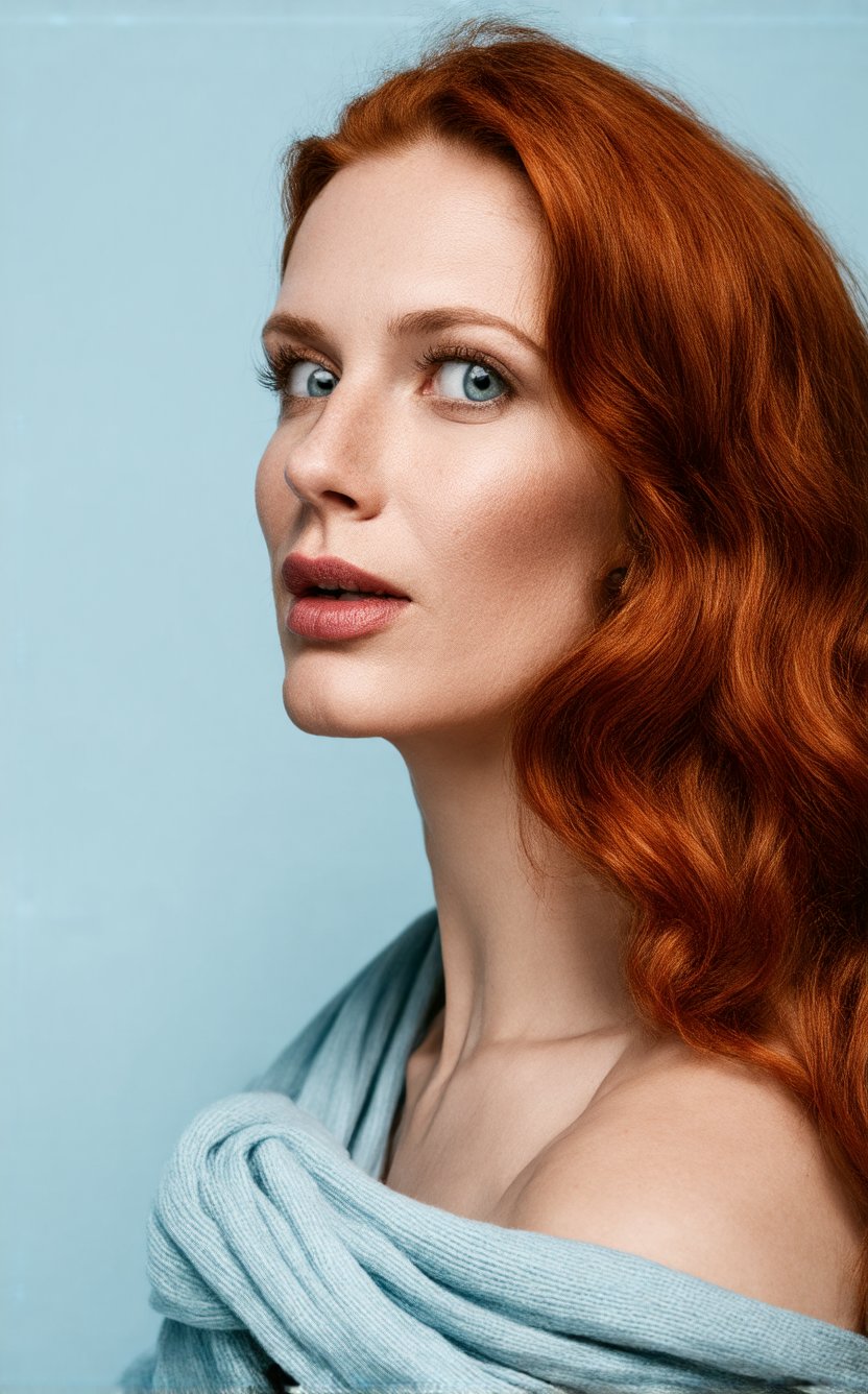 in a medium, eye-level shot, a fair-skinned woman with long, wavy red hair is captured against a light blue backdrop. she's adorned with a light blue scarf draped over her shoulders, adding a touch of elegance to her look. her gaze is directed towards the upper right corner of the frame, while her mouth is slightly ajar, revealing a hint of her lower lip. her eyes, a striking blue, are accentuated by a light brown hue on her cheeks and a darker brown on her lips. her hair, a vibrant shade of red, is styled in loose waves that cascade down her shoulders.