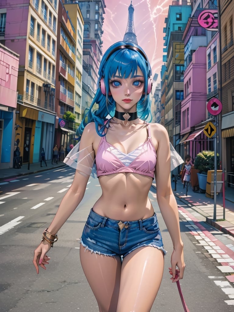 Fantasy art, fantasy, beautiful 18 year old caucasian girl, small breasts, big ass, wearing kitten choker, headphones, slim waist, round blue eyes, hair in braids, multicolored hair, back view, bimbo, wearing short pink shorts, white silk crop top underboob, red sneakers, walking in the streets of cyberpunk city, full shot, psychedelic colors, morning, sunny, optacal flares, school, Eiffel Tower, paris, Emo, cinematic lighting,Moena