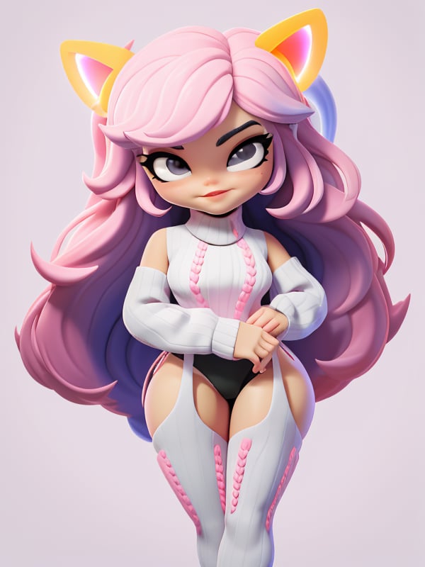 3DMM, chibi, cartoon, real, vds,color sweater,color thighhighs,color panties, a hot woman, full body), (white background:1.2), simple background, vds, detached sleeves, pink sweater, pink thighhighs, pink panties, standing, white hair, long hair, fox ears,, looking at the viewer,(neon lights:1.1), glowing colors, (thepit bimbo:0.9), glossy, sexy, realistic body proportions, realistic, photo-realistic, 8k, highly detailed