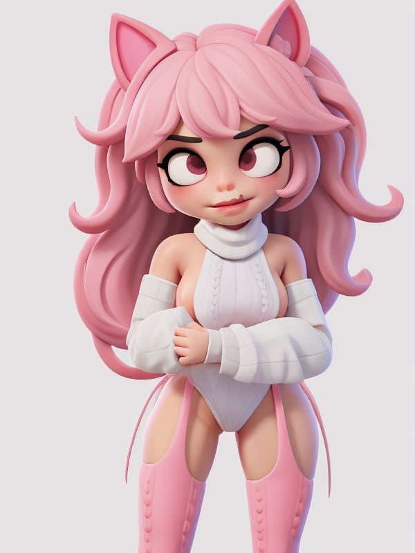 3DMM, chibi, Desiredemon, 1girl, solo, (white background:1.5), simple background, vds, detached sleeves, pink sweater, pink thighhighs, pink panties, standing, white hair, long hair, fox ears,cartoon ,real,chibi,vds,color sweater,color thighhighs,color panties,Desiredemon