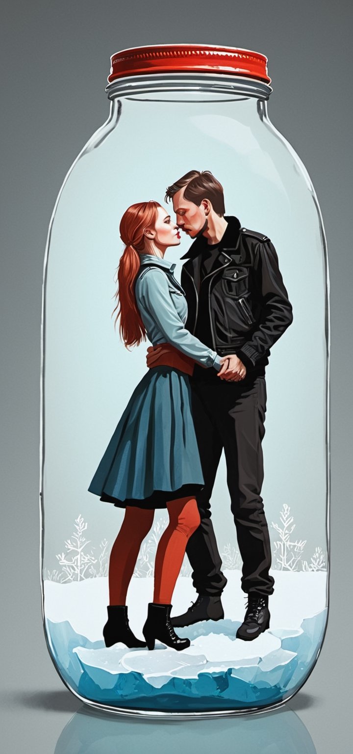 In the style of "Post-Punk": A post-punk-inspired illustration of Svetlana Surganova and Egor Letov, embracing the rebellious spirit of the genre.
,in a jar,ice and water