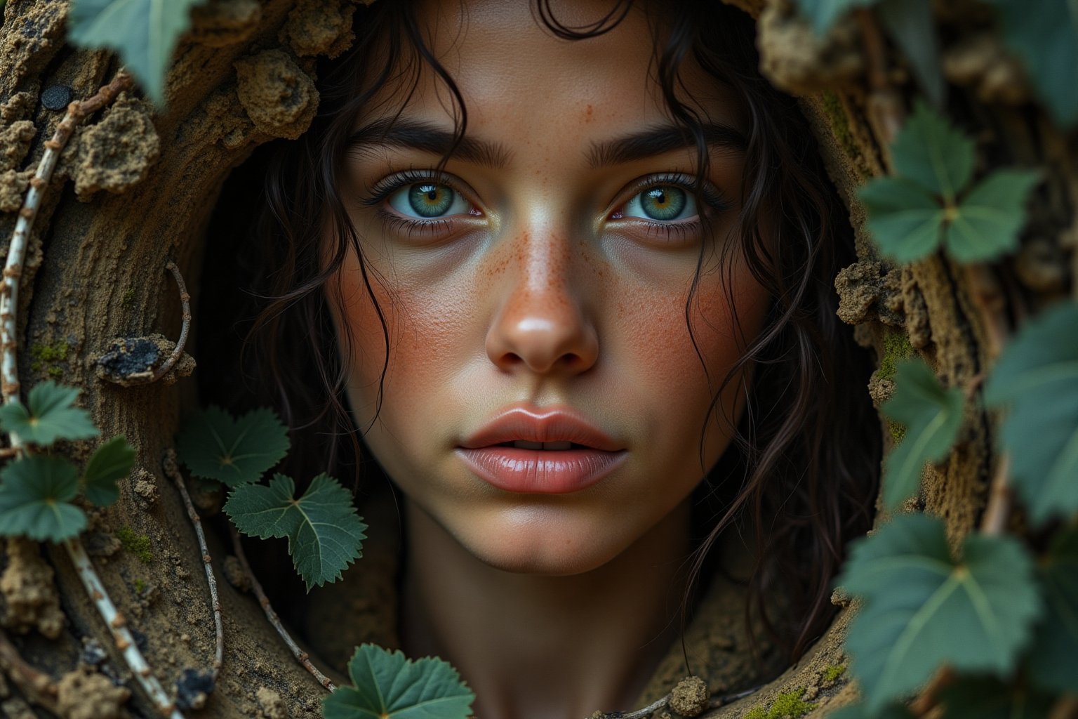 Capturing the essence of 'Wild Soul', a striking portrait features a young woman's face, weathered to perfection amidst rugged textures reminiscent of ancient tree bark. Earthy tones - think terracotta and sienna - dominate the composition, with hints of mossy greens and sandy neutrals adding depth. Her piercing eyes seem to hold the secrets of the forest floor, as wild locks tangle around her shoulders like vines. Framed by a halo of lush foliage, she embodies the untamed spirit of the great outdoors.