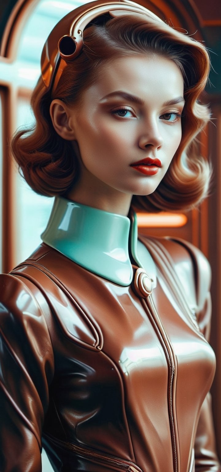 In the style of "Retro-Futurism": A retro-futuristic portrayal of Zhenya Lyubich and Natalia Vetlitskaya, combining vintage aesthetics with futuristic elements.
,patina metal skin,Chocolate 