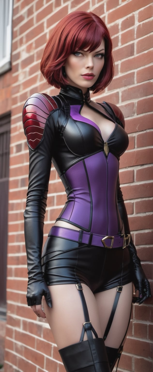 a woman with red hair standing next to a brick wall,  featured on deviantart,  cobra by ❤️❤️ ac@d8888 ❤️❤️ on Tensor.Art