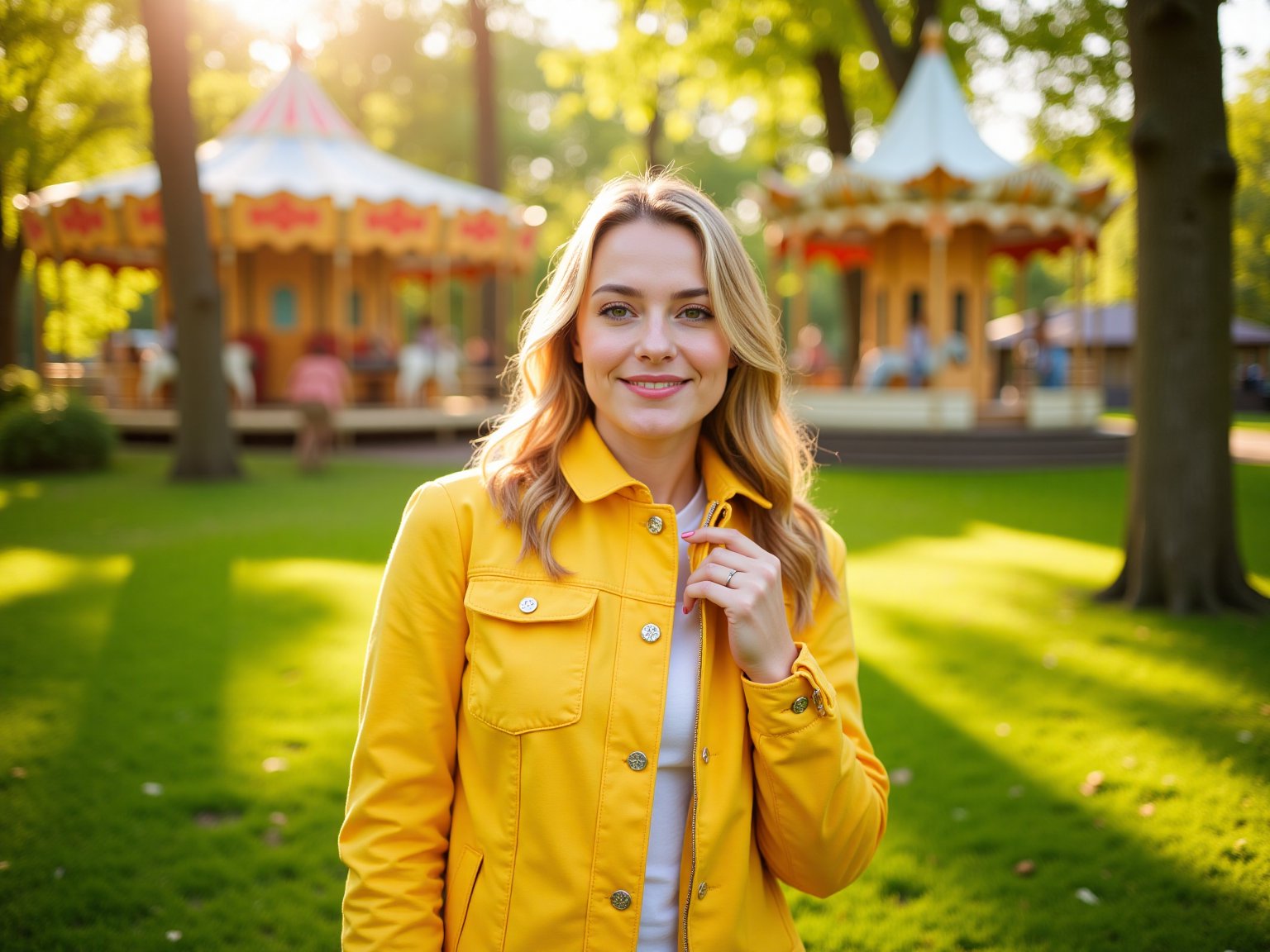 A vibrant yellow jacket radiates warmth against a verdant backdrop, as a blonde-haired woman strikes a confident pose amidst sun-dappled park surroundings. A vintage carousel and towering trees blend softly into the distance. Late afternoon's warm light casts a golden glow on her features, enhancing her bright smile.