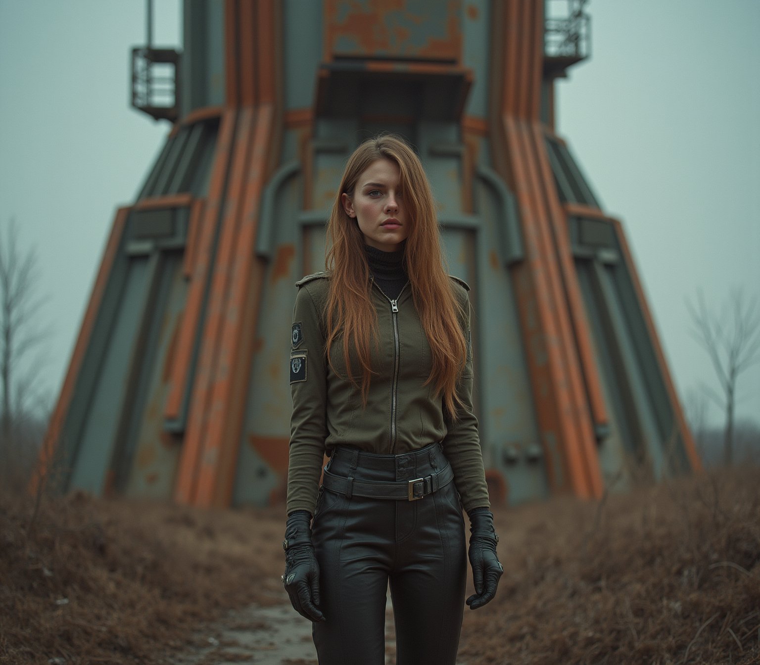 A Ukrainian Instagram model stands strong in front of a decommissioned Cold War missile silo, rugged military attire and leather pants accentuating her bold stance. Shot from above, the camera gazes down upon her determined face, juxtaposed against the imposing rusted structure's towering presence. The desolate landscape stretches outwards, rendered in 32K resolution with meticulous detail, capturing every nuance of the model's resolute expression amidst the remnants of a bygone era.