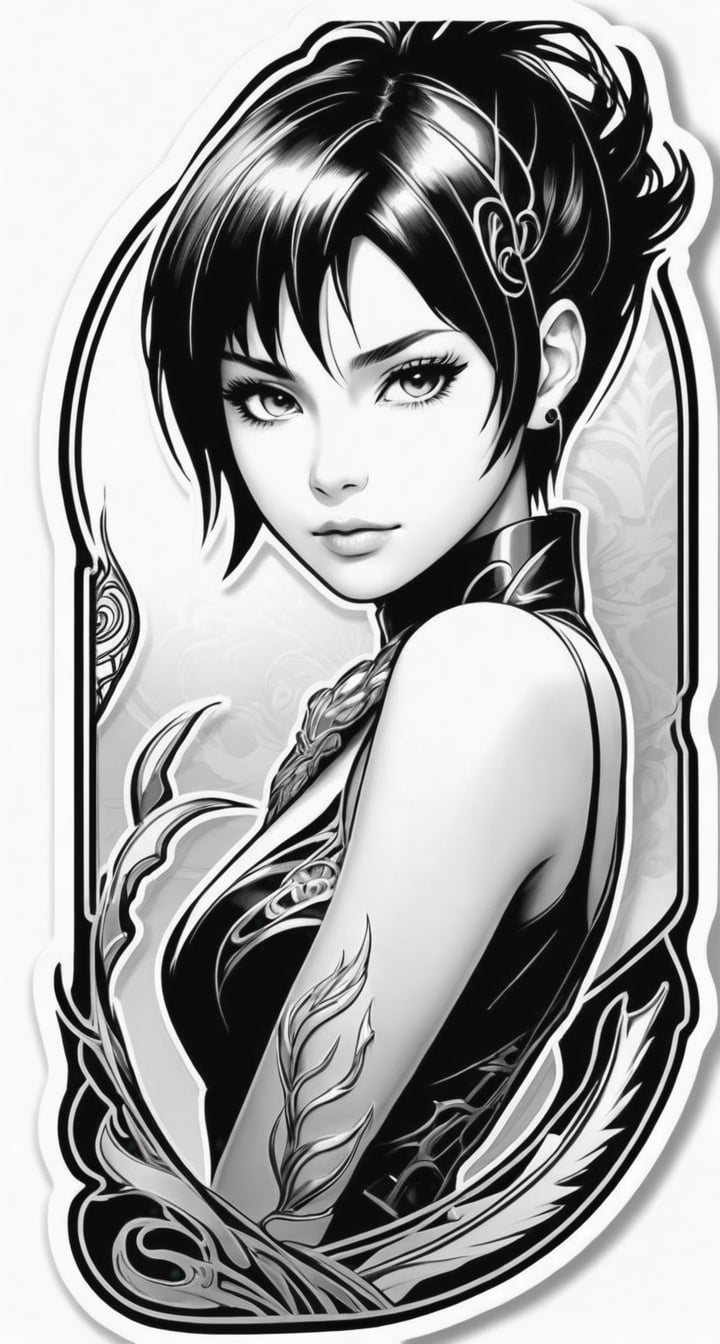Monochrome Sticker with TenTen**: A timeless black and white portrait of TenTen,  highlighting her elegance.,  Witchblade...
