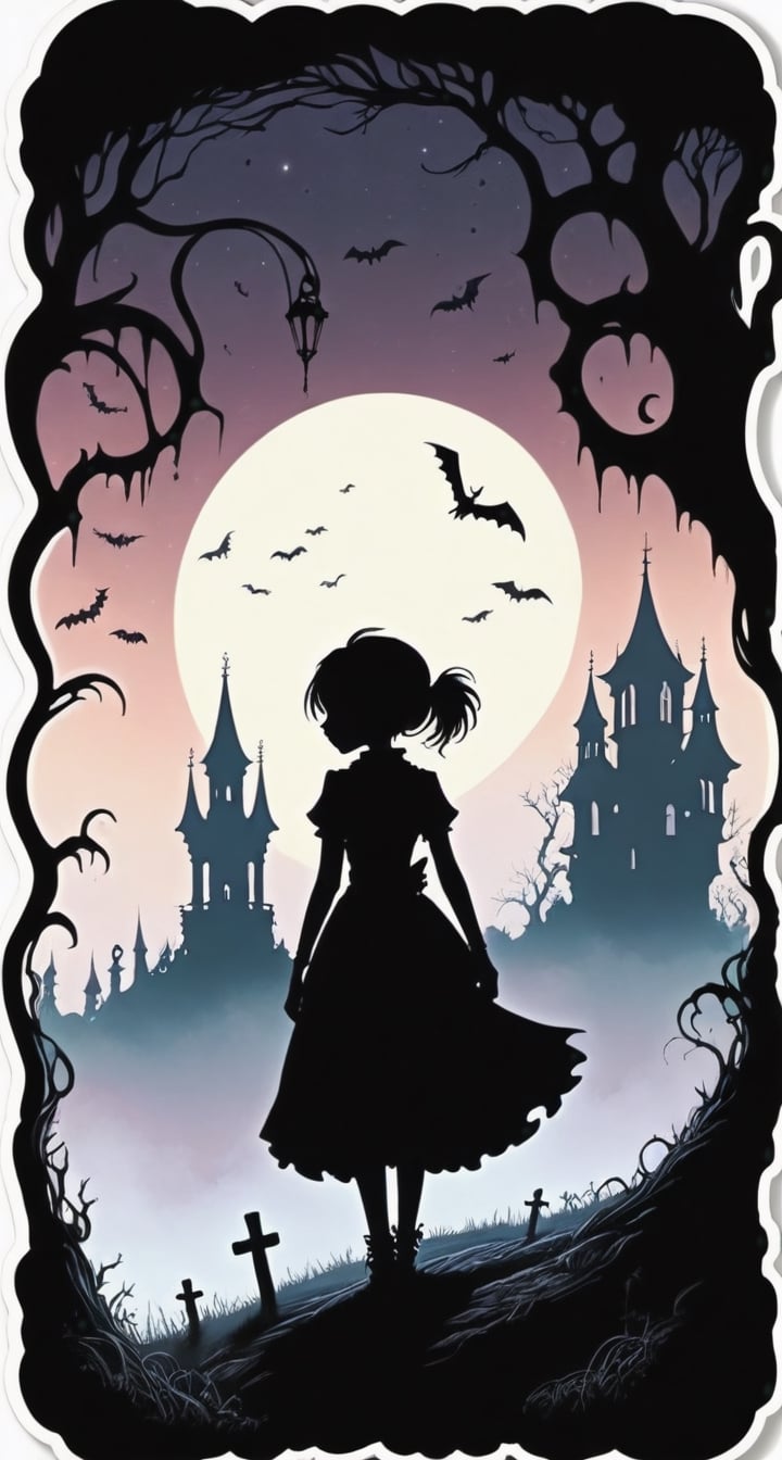 Macabre Sticker with perfect text ** TenTen **: TenTen's haunting silhouette amidst a dark,  gothic dreamscape. ,  DonShr0...