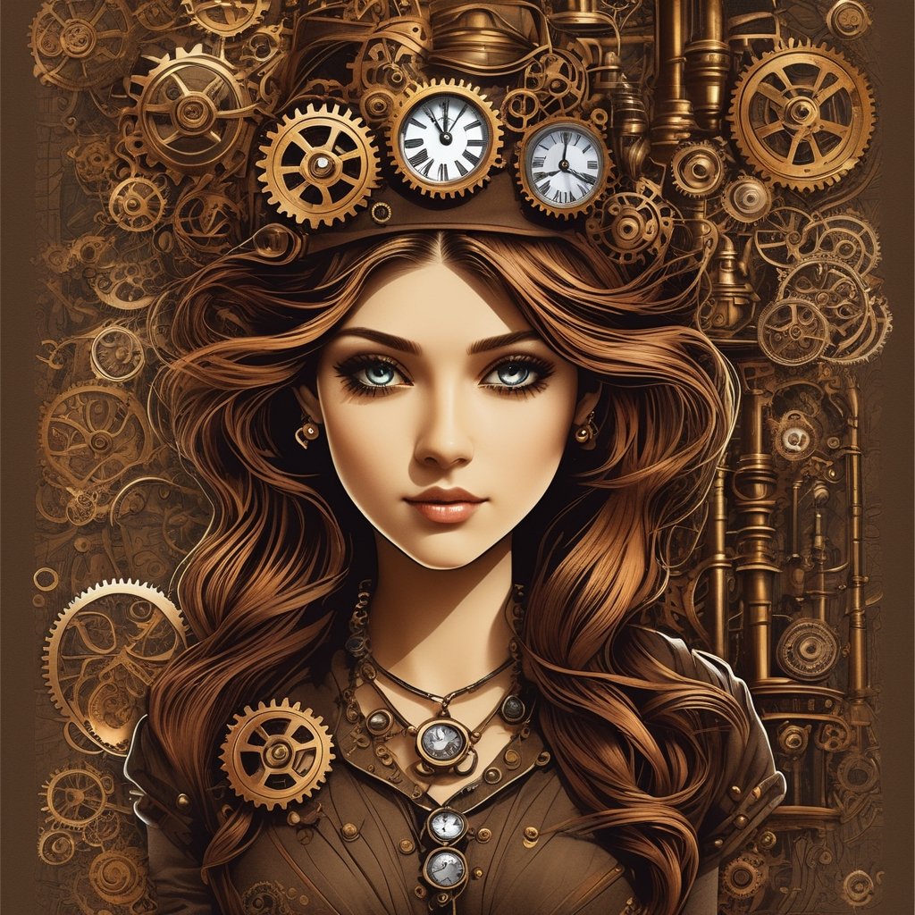 Steampunk style with a girl - antique,  mechanical,  brass and copper tones by ❤️❤️ ac@d8888 ❤️❤️ on Tensor.Art